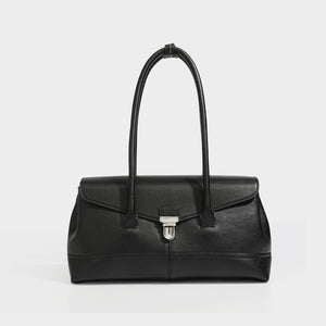 Black PU leather baguette shoulder bag with silver push lock and two long rolled handles, front view