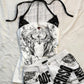 White halter top with black wing print and lace shoulders, shown on the White size L option
