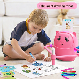 Pink drawing robot sketching animals as a boy colors them in, animal card slotted on top