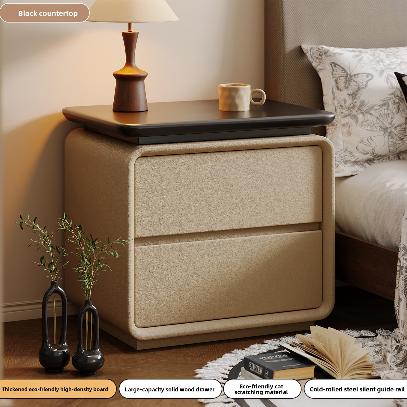 Natural wood surface bedside table with a khaki drawer body