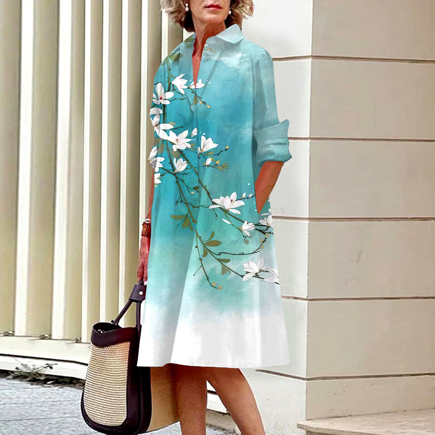 Sky Blue Floral polyester shirt collar long sleeve A-line midi dress on a standing model