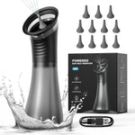 Black electric ear wash cleaner spraying warm water beside its box, eleven soft tips and USB cable