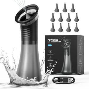 Black electric ear wash cleaner spraying warm water beside its box, eleven soft tips and USB cable