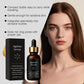 Amber glass dropper serum bottle and box beside a model with radiant skin
