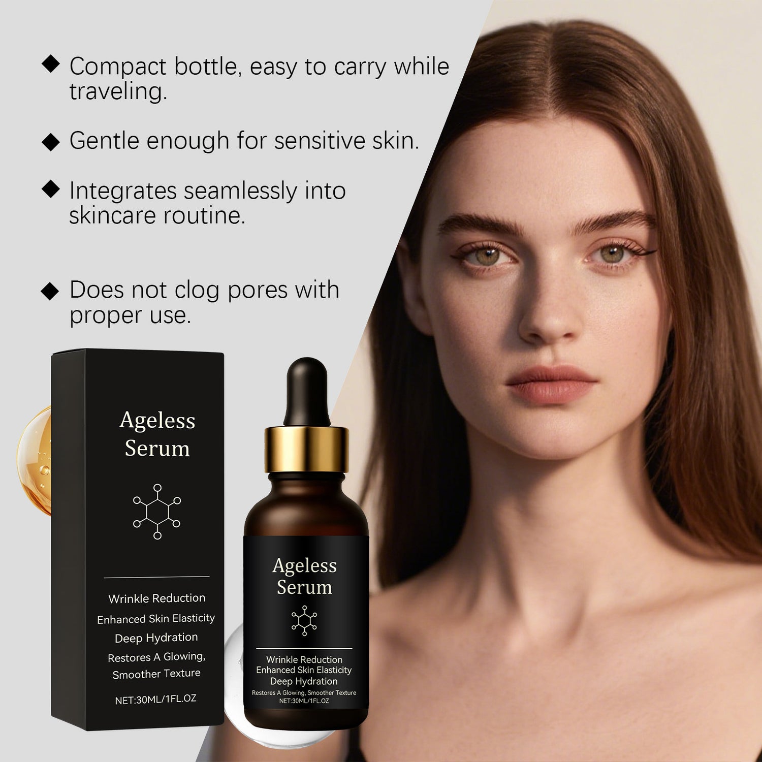 Amber glass dropper serum bottle and box beside a model with radiant skin