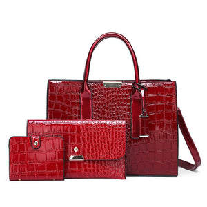Bright red croc pattern handbag set with flap clutch and card wallet, a red shade not offered as an option