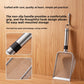 Stainless steel mesh litter scoop with a tube handle hanging on a wall hook beside two close ups of grip and mesh