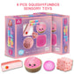 Set 3 pink four piece Squishy Fun Box carton with strawberry bar, bun, fluffy ball and cheese