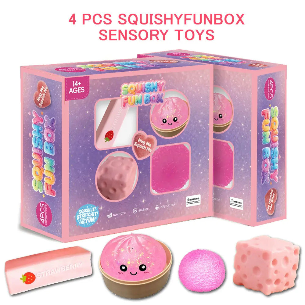 Set 3 pink four piece Squishy Fun Box carton with strawberry bar, bun, fluffy ball and cheese