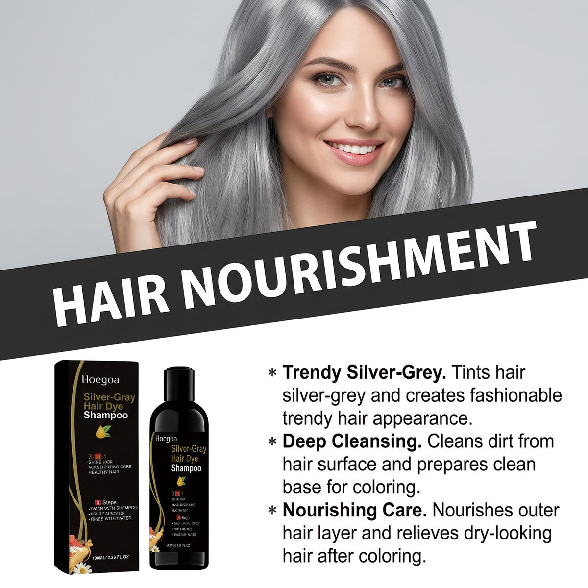 Silver gray hair dye shampoo shown with its wash wait rinse three steps