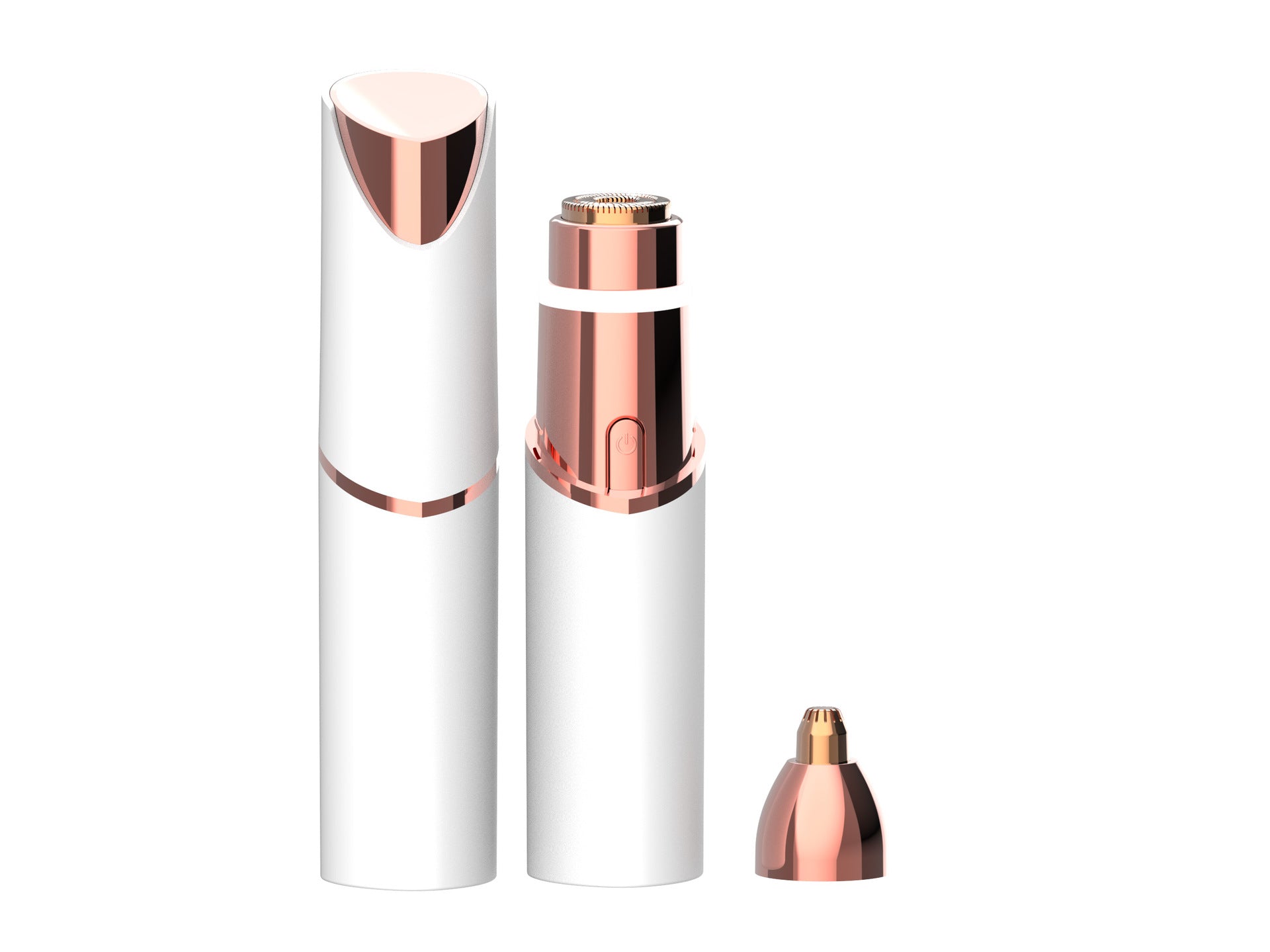 White hair remover with cap off, round foil head beside the pointed brow cap