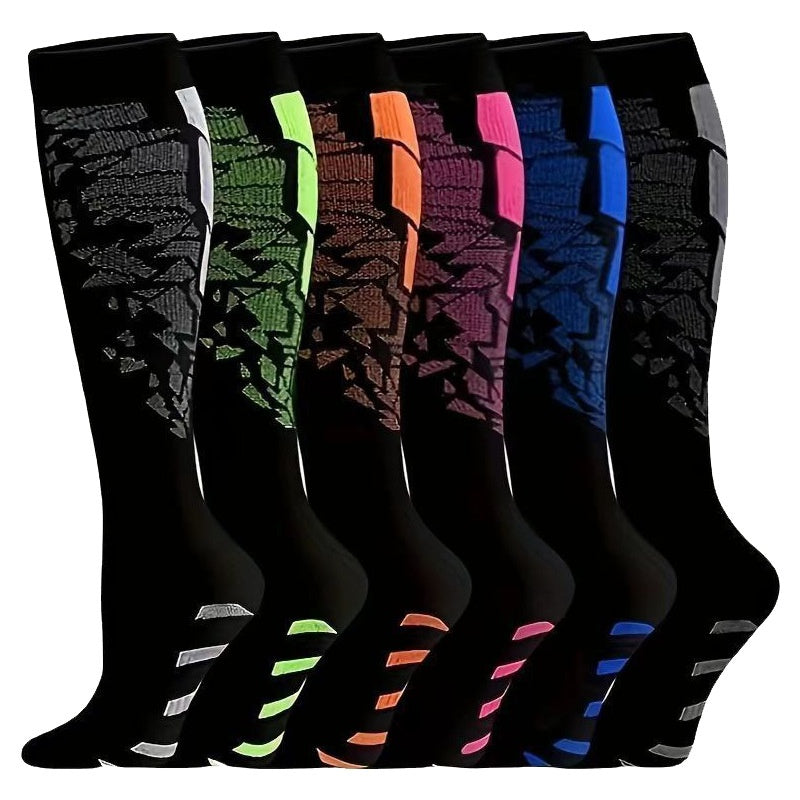 Knee high graduated compression socks shown as an assorted colour and print pack