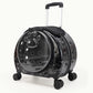 Black rolling pet carrier with a printed pattern, dark bubble window, pull rod and four wheels