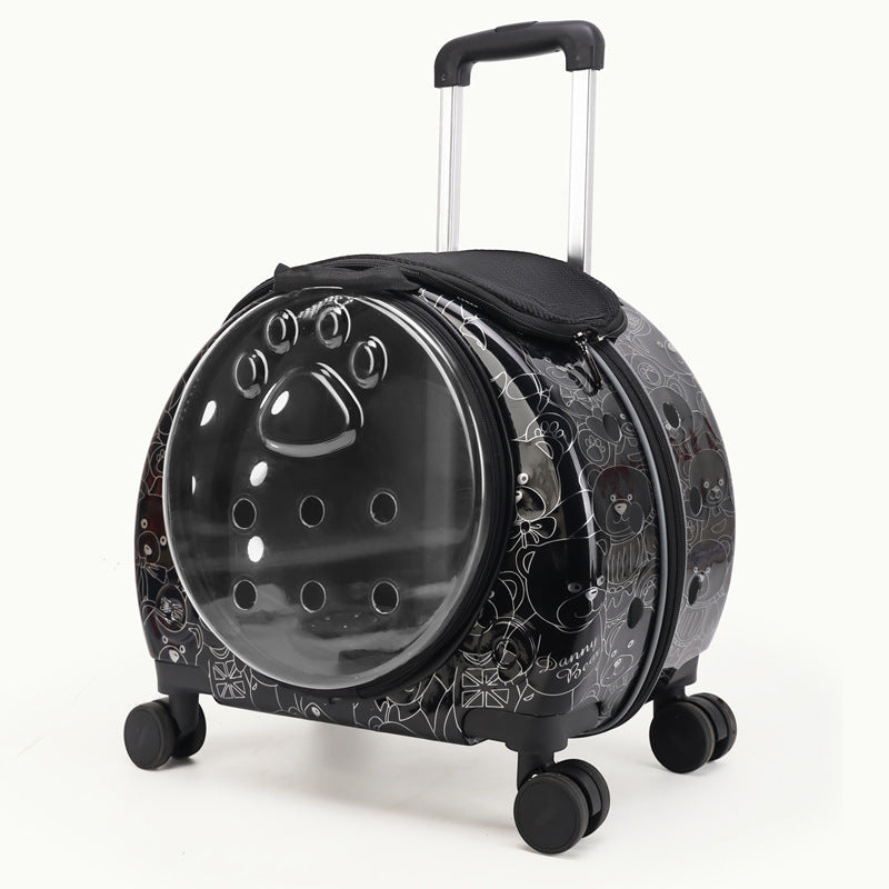 Black rolling pet carrier with a printed pattern, dark bubble window, pull rod and four wheels