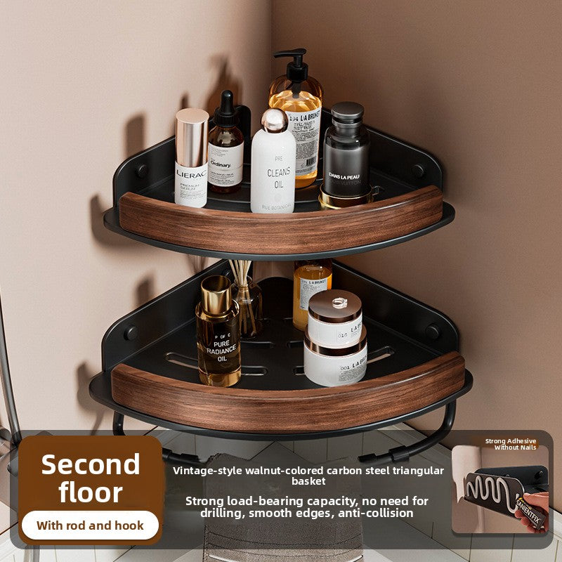 Two tier corner storage rack in coated ABS and steel with a walnut wood grain rail