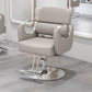 Salon styling chair with PU upholstery, curved metal armrests and a round metal base