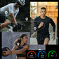 Fitness collage showing the smart bracelet with calories, step count and distance figures