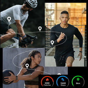 Fitness collage showing the smart bracelet with calories, step count and distance figures