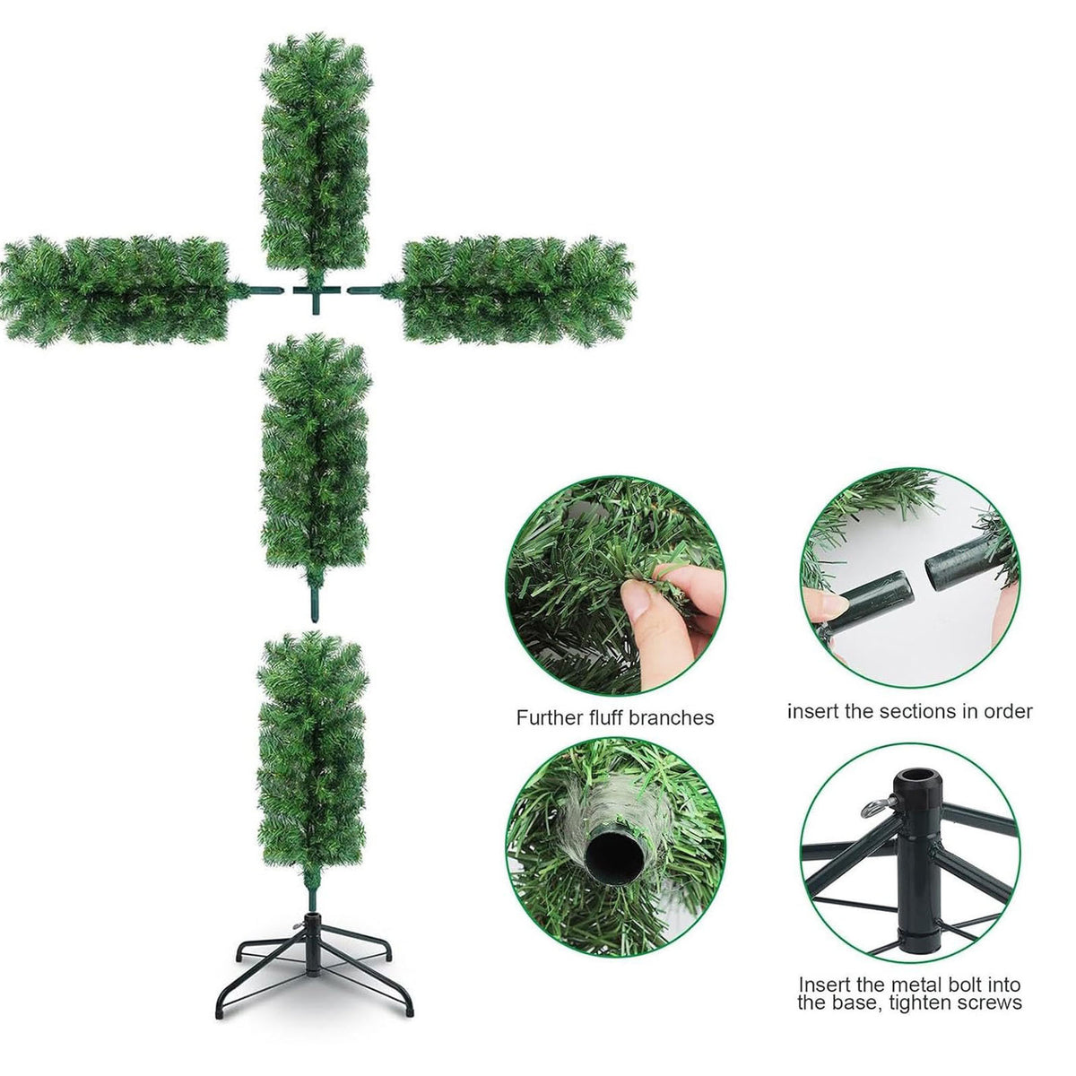 Assembly panel for the cross shaped Christmas tree showing the sections, fluffed branches and the base bolt