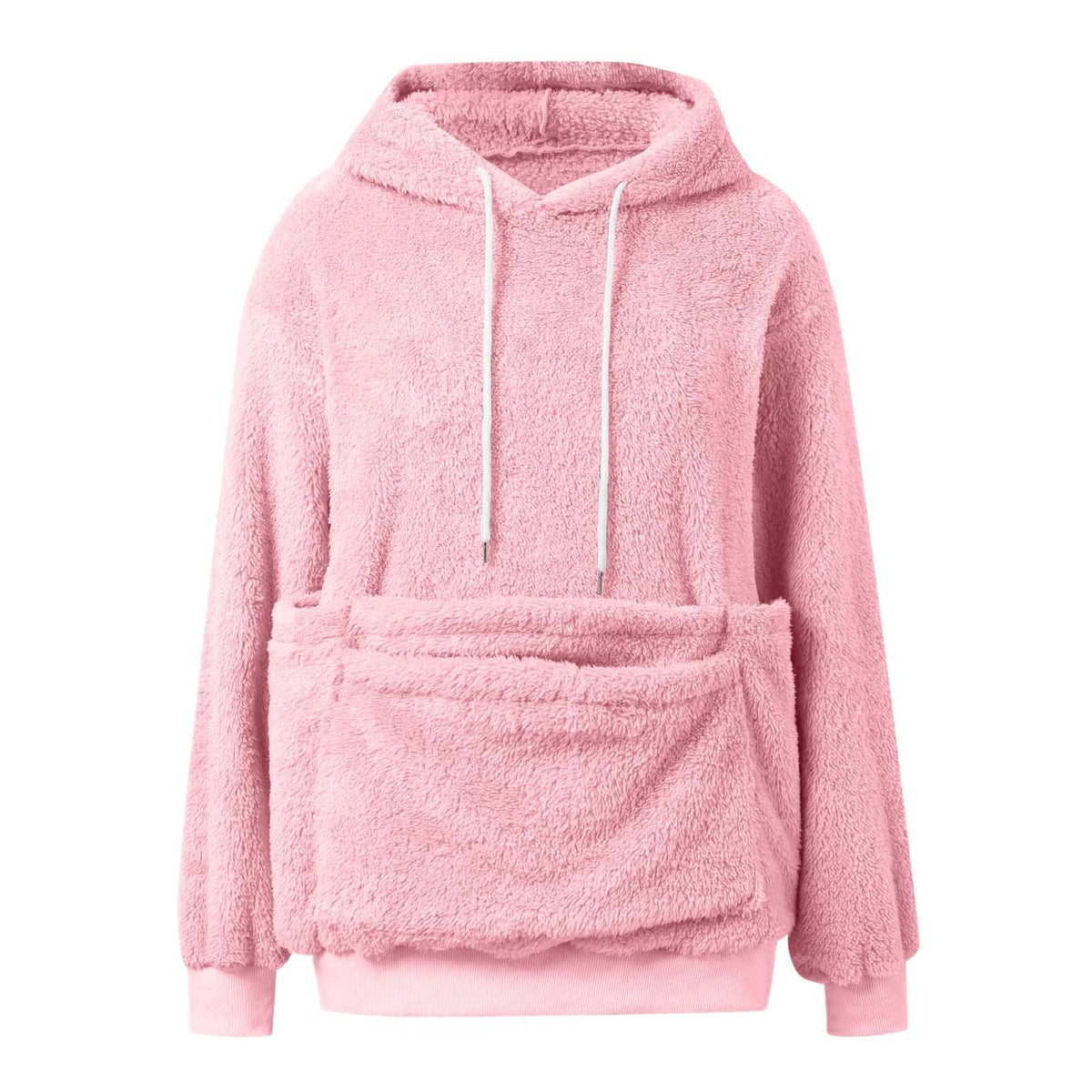 Pink option, size XXL: plush fleece hooded sweatshirt with white drawstrings and large front pocket