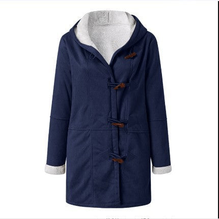 Women's hooded suede toggle coat with white plush lining in Navy Blue