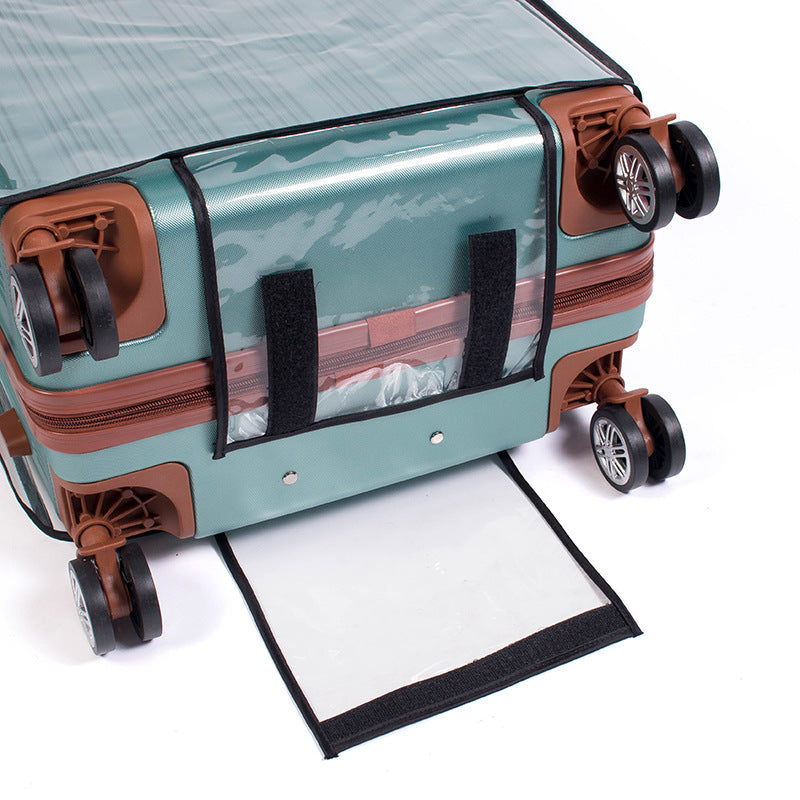 See through PVC luggage protector wrapping a hardshell rolling travel case