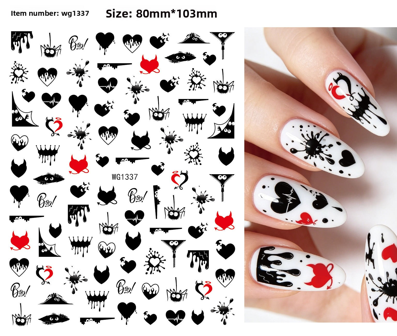 Festive Halloween nail decals mixing pumpkins, bats and spiders
