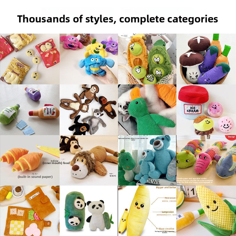 Soft corn velvet and plush squeaky pet toy shaped like a cartoon animal on a plain background