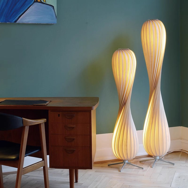 Twisted petal spiral lamp side profile showing the wood slat shade and slim stem