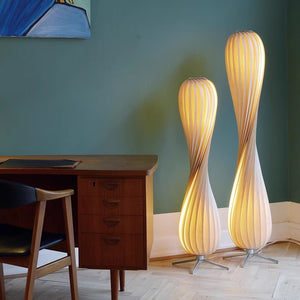 Twisted petal spiral lamp side profile showing the wood slat shade and slim stem