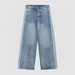 Wide-leg washed blue denim jeans with white side stripes, front view five-pocket cut