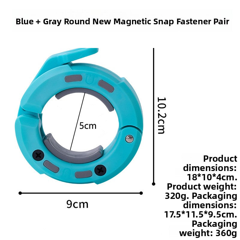 Teal round magnetic barbell collar with gray inserts, 5 cm bore, 18 by 10 by 4 cm, 320 g size chart