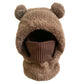 Brown fluffy knit bear ear balaclava hood with a brown ribbed neck tube on a white background