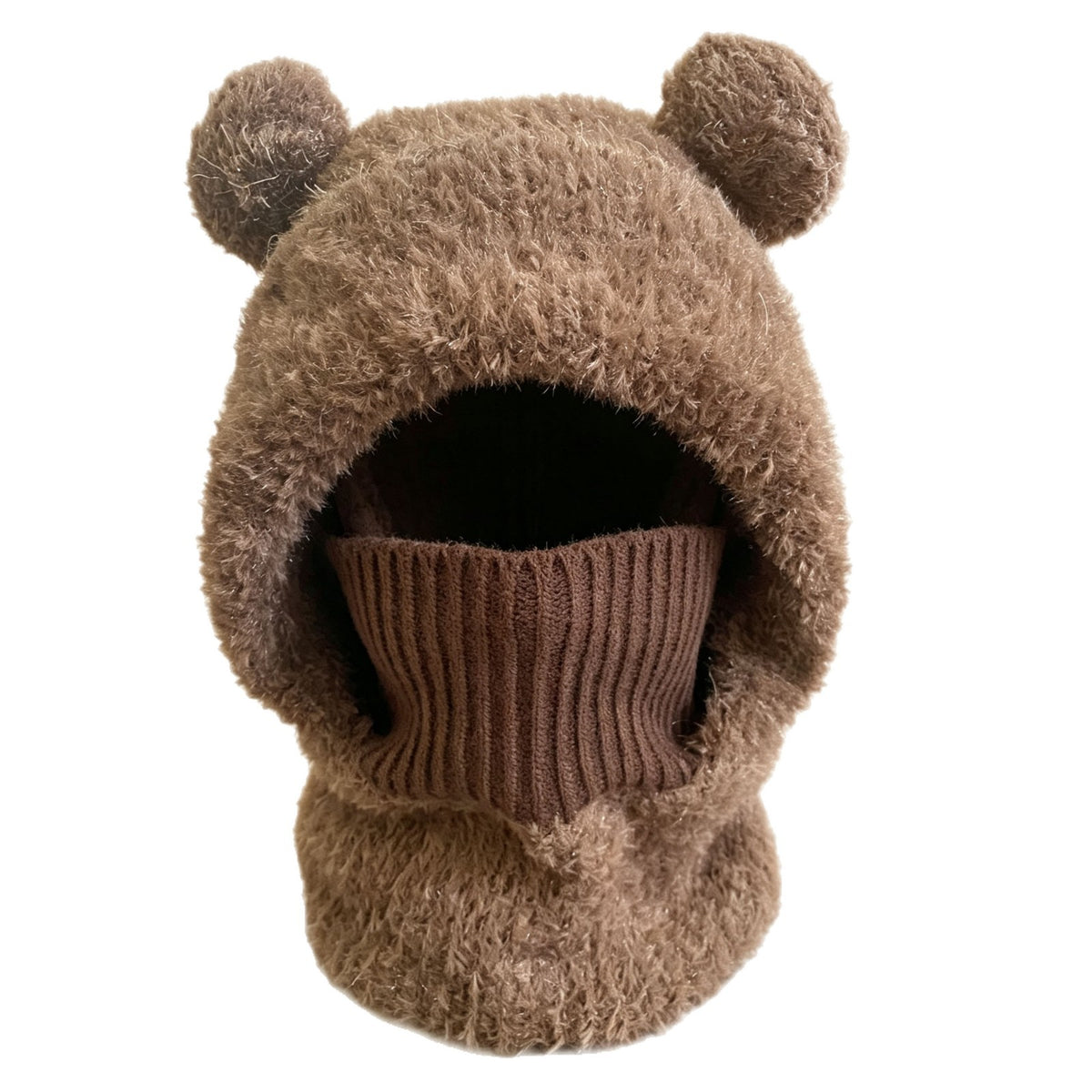 Brown fluffy knit bear ear balaclava hood with a brown ribbed neck tube on a white background