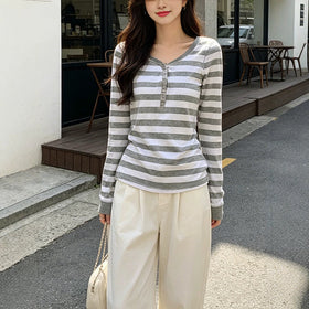 Womens Gray and White Striped Henley Long Sleeve Top
