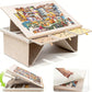 Beige puzzle board raised on a folding stand with a colourful puzzle and drawers, with tilt and fold views below