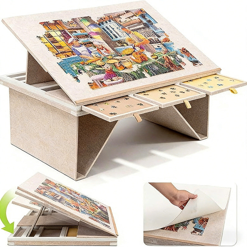 Beige puzzle board raised on a folding stand with a colourful puzzle and drawers, with tilt and fold views below