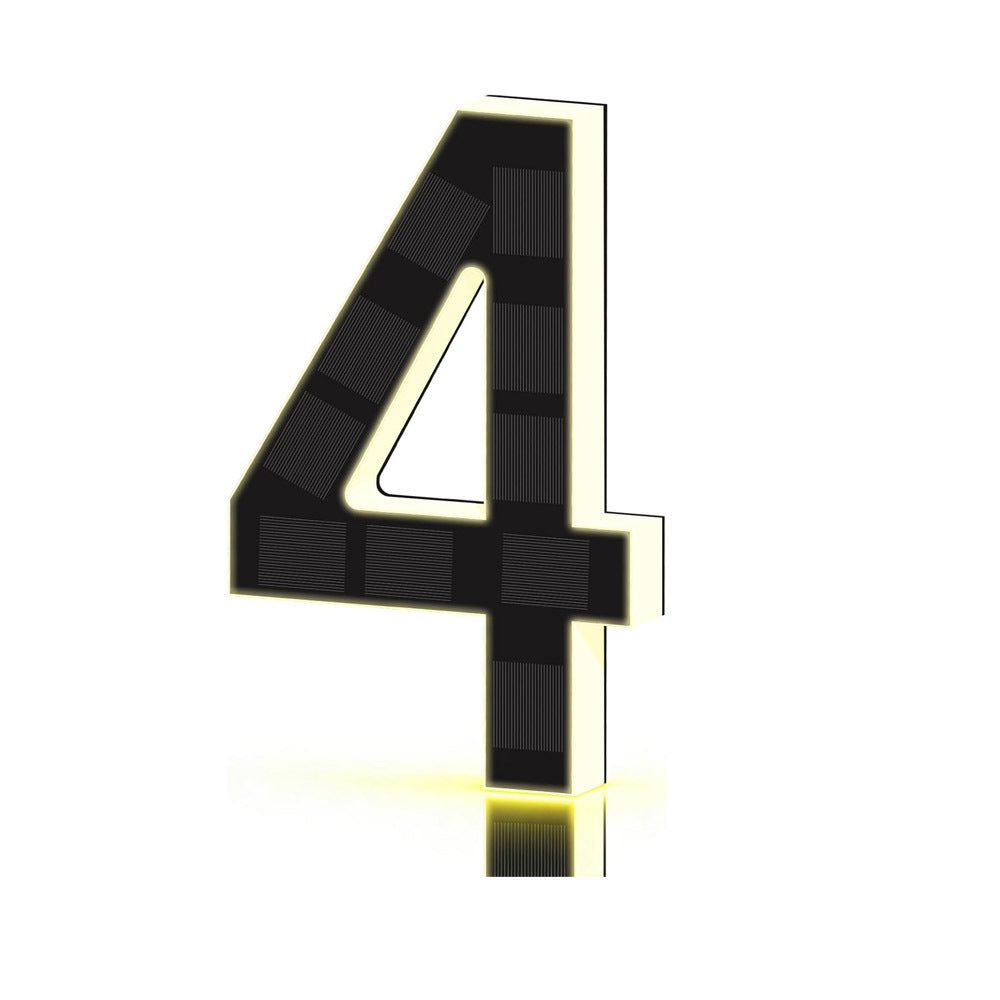 Black and gold solar LED house number sign, one character with a backlit warm outline, front view