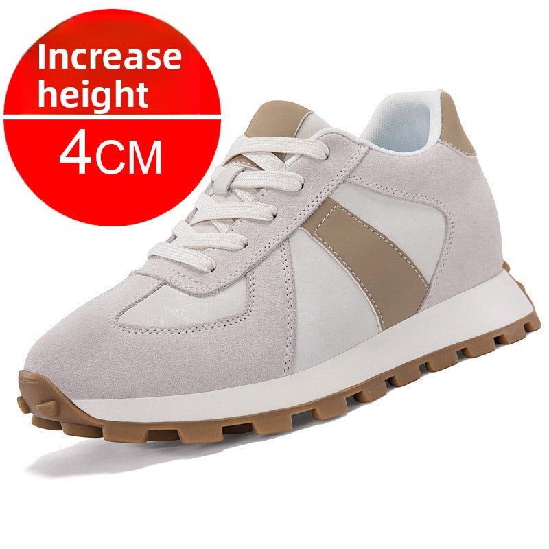 Gray suede low top lace up sneaker with a taupe stripe, 4 cm inner lift option, size 45