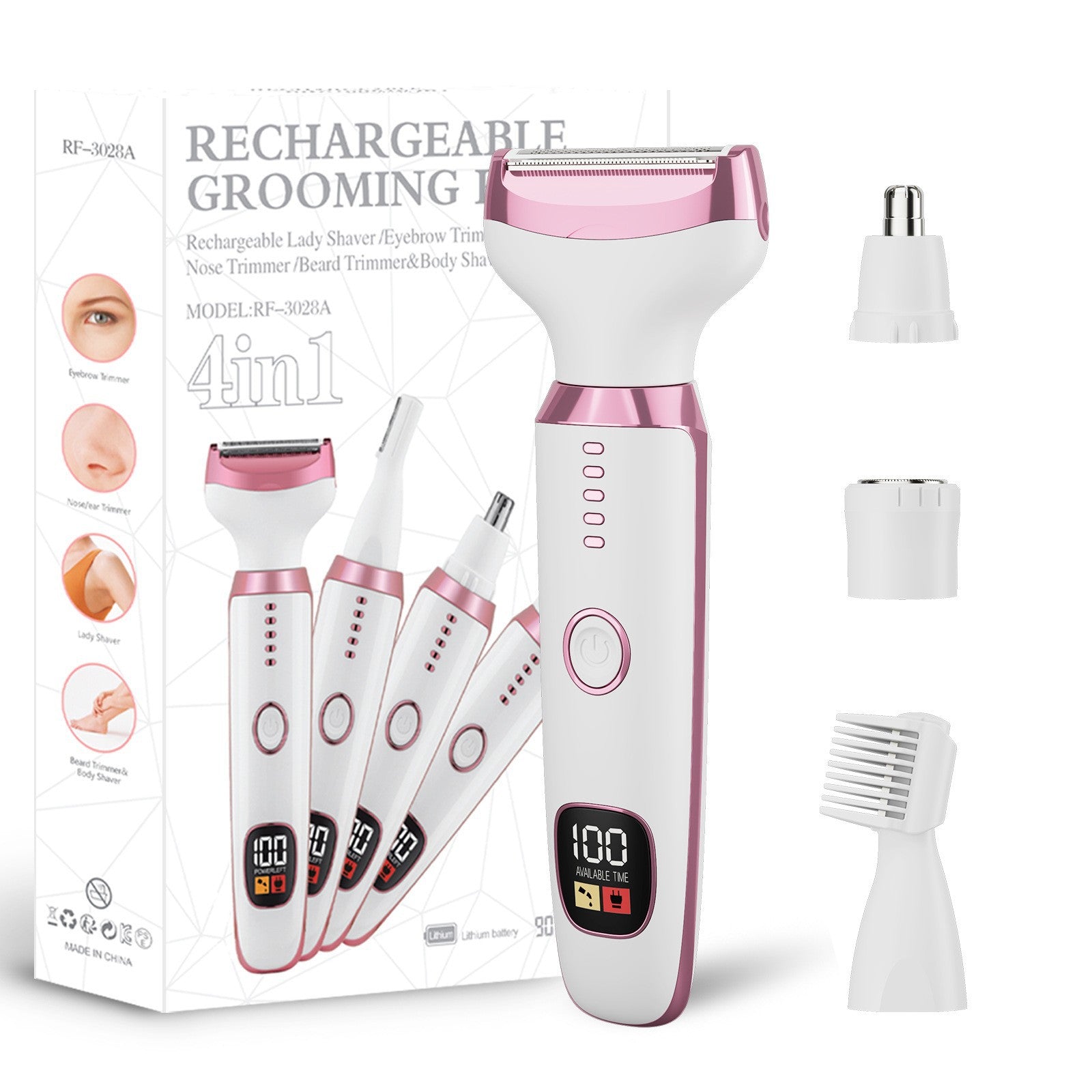 White and rose gold grooming kit tools shown together on a white background