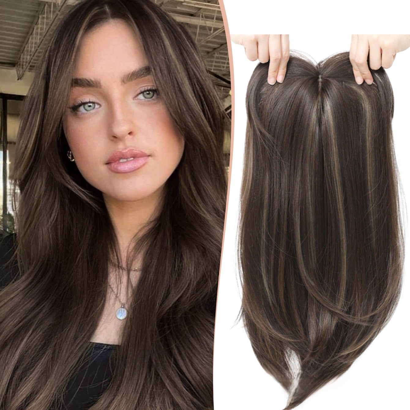 Brown synthetic hair topper with lighter strands shown on a model beside the clip in piece