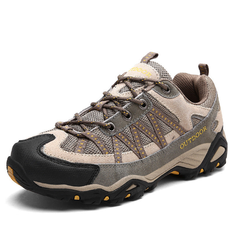 Top view of a lace up hiking shoe showing the mesh and suede upper