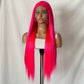 Long straight rose pink lace front wig on a mannequin head, front view with a center part