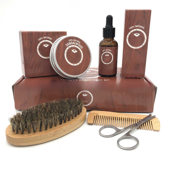 Beard Grooming Kit with Oil, Wax, Boar Bristle Brush, Comb and Scissors