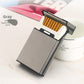 Gray aluminum cigarette case with flip top open showing 20 slim cigarettes inside