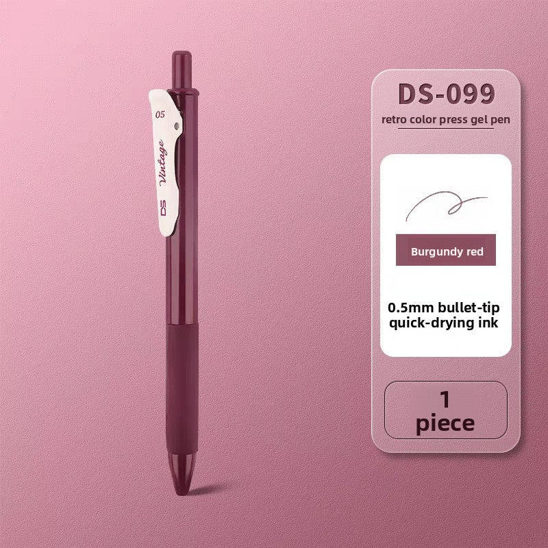 Burgundy retractable gel pen on a matching background, labeled Burgundy red, Burgundy Red 1pc
