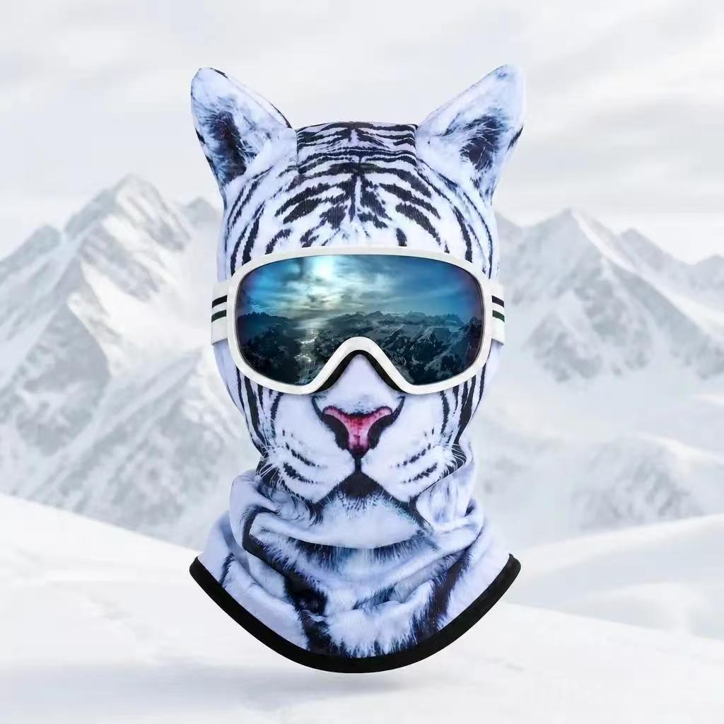 White tiger print fleece balaclava with black stripes, Animal Winter Mask G option