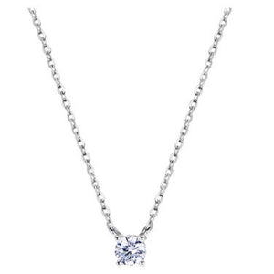 Single diamond pendant necklace on a fine copper-tone chain, front hero view