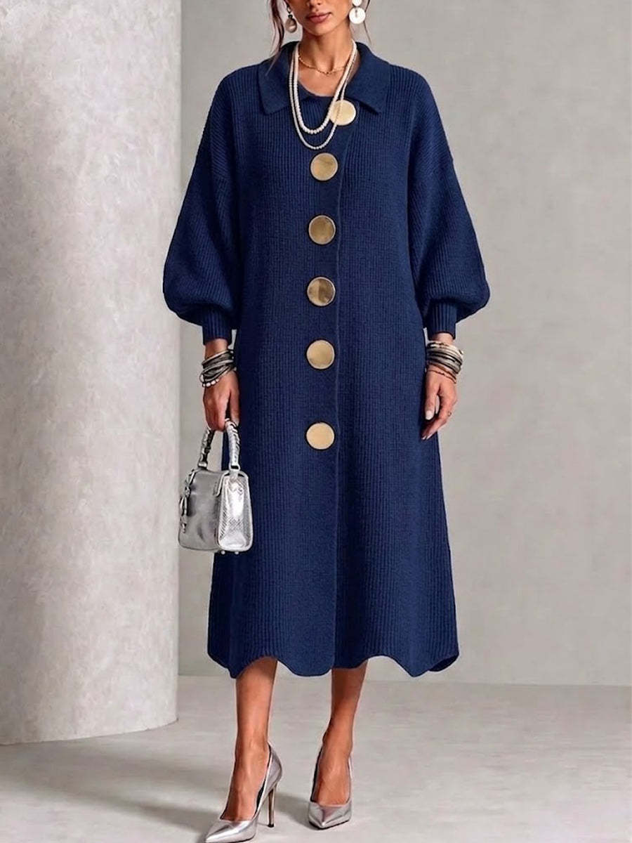 Navy Blue option, size XXL: long ribbed knit dress with polo collar, balloon sleeves and large gold-tone buttons