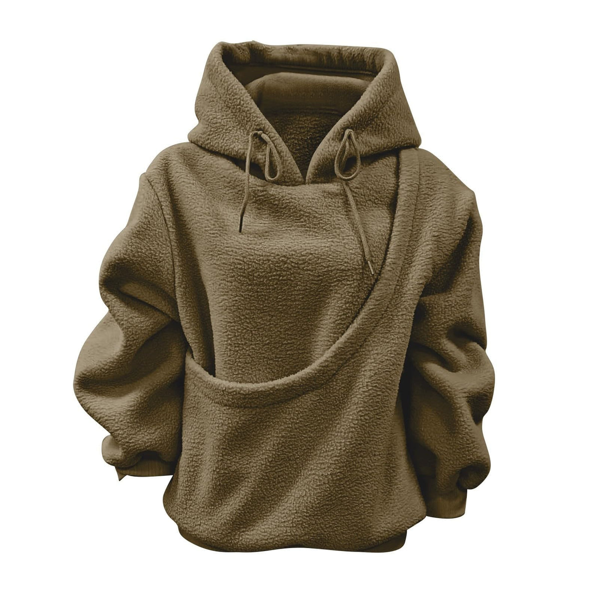 Olive brown plush fleece hoodie with a diagonal pouch pocket and drawstring hood, option photo for size L